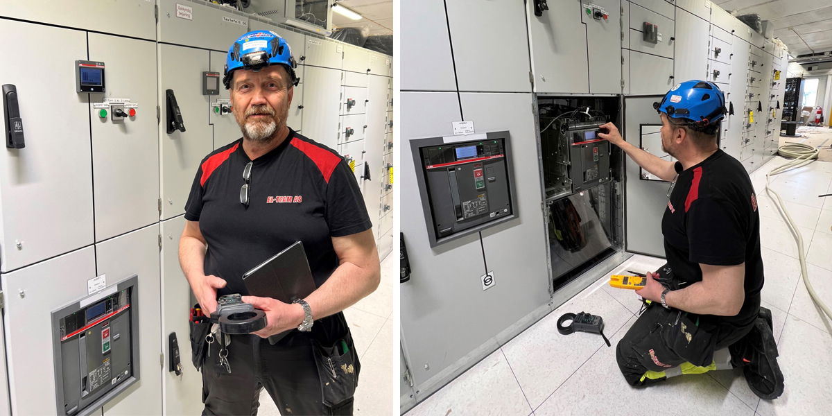 to ulike bilder i ett hvor en mannlig tavlemontør og elektriker i sorte arbeidsklær med rød logo, blå arbeidshjelm, sort arbeidsbukse og sorte sko smiler inn i kameraet foran el-tavle på bildet til venstre og arbeider med en el-tavle i bildet til høyre.